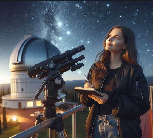Una astrónoma mirando con un telescopio al espacio