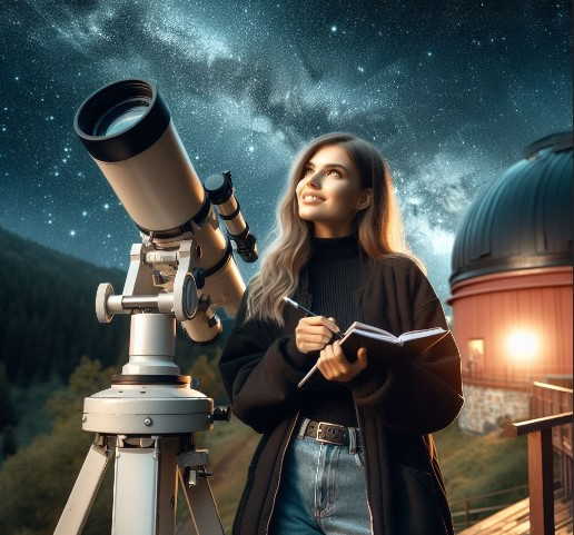 Cosmólogos mirando el universo con un telescopio en un observatorio